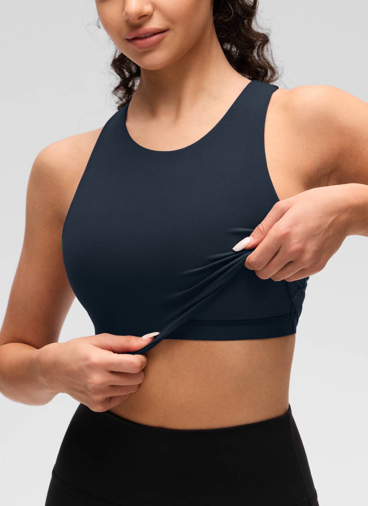 CRZ YOGA Butterluxe dành cho nữ, cổ cao, lưng khoét sâu, độ hỗ trợ thấp, màu xanh navy đậm