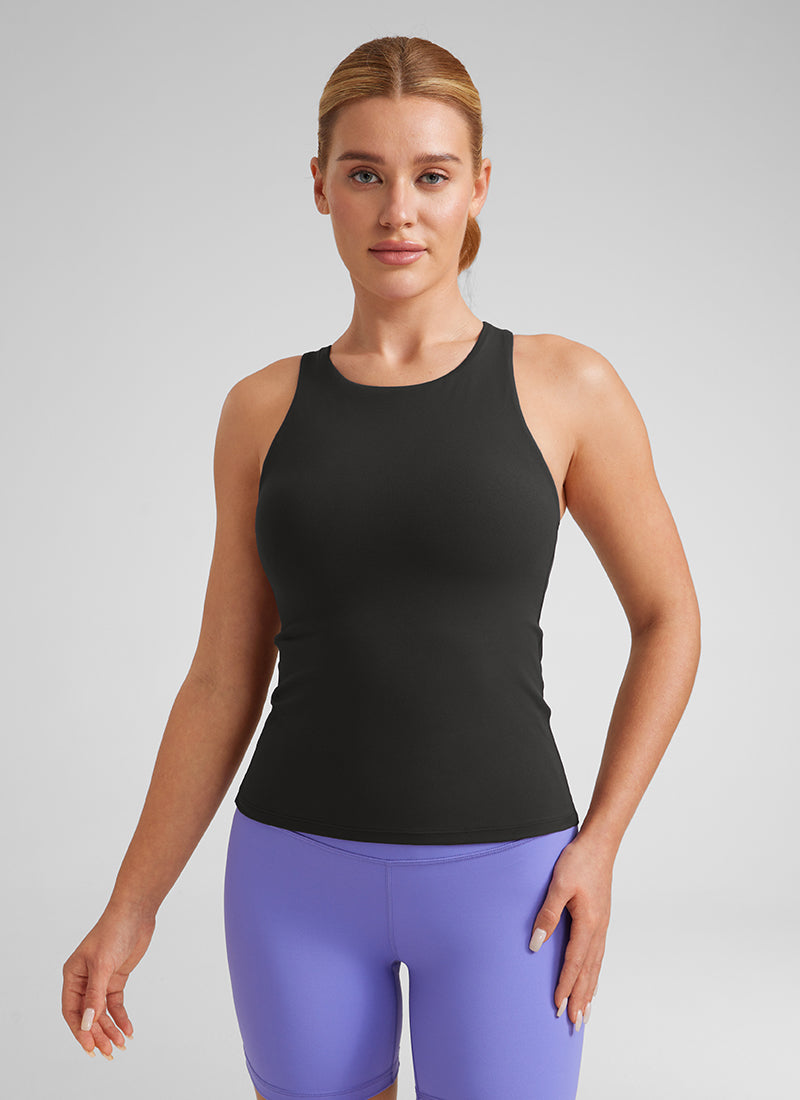 CRZ YOGA Wanita Butterluxe Bra Terbina Dalam Leher Tinggi Racerback Tank Hitam