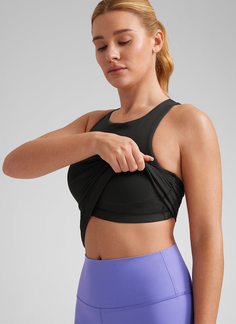 CRZ YOGA Wanita Butterluxe Bra Terbina Dalam Leher Tinggi Racerback Tank Hitam