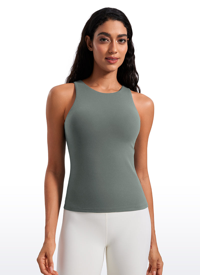 CRZ YOGA Tank Top Wanita Butterluxe dengan Bra Butterluxe , Leher Tinggi, dan Punggung Racerback, Warna Abu-abu Sage