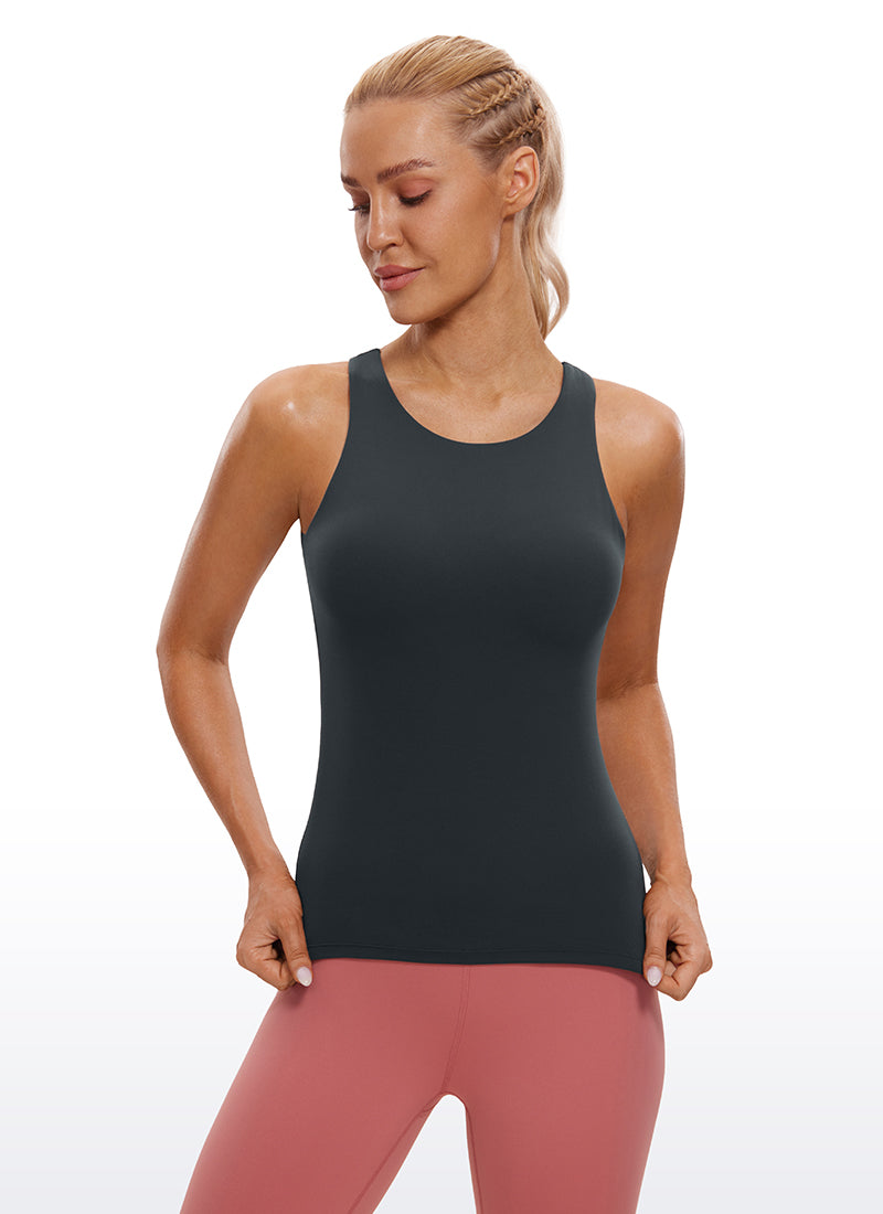Butterluxe CRZ YOGA Tank Top Wanita dengan Bra Terintegrasi, Leher Tinggi, dan Punggung Racerback, Warna Melanite
