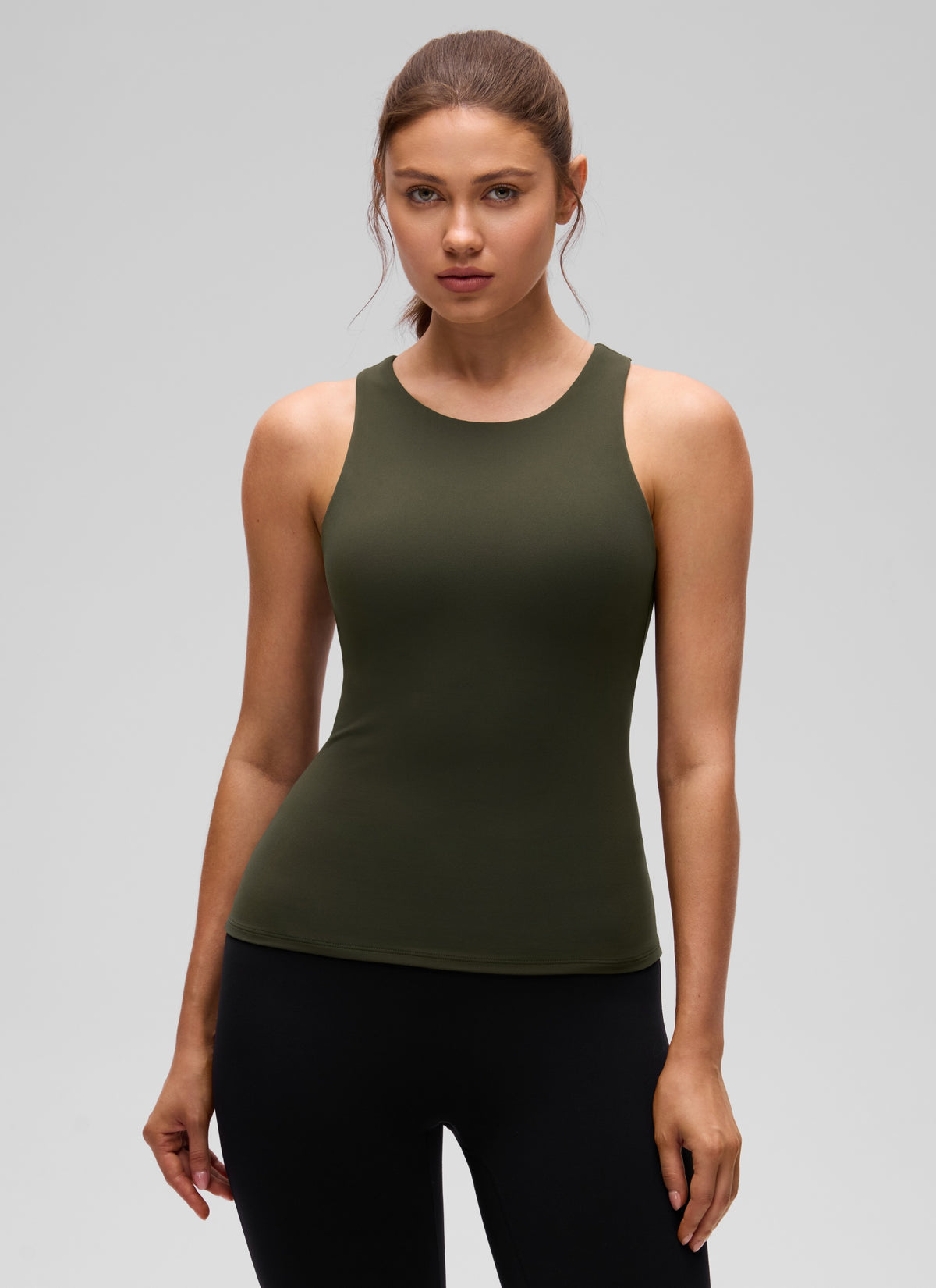 CRZ YOGA Women's Butterluxe Built-in Bra High Neck Racerback Tank Olive Green @model_info:Valeria