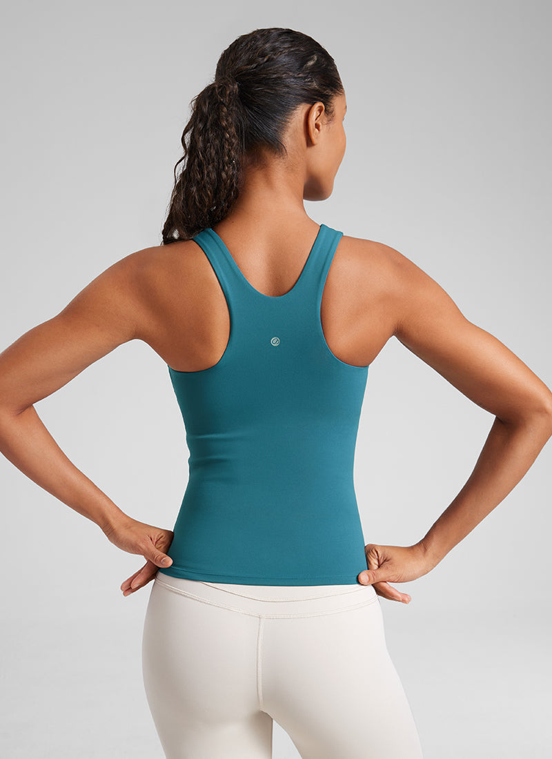 Butterluxe CRZ YOGA Tank Top Wanita dengan Bra Terintegrasi, Leher Tinggi, dan Punggung Racerback, Warna Hijau Borealis