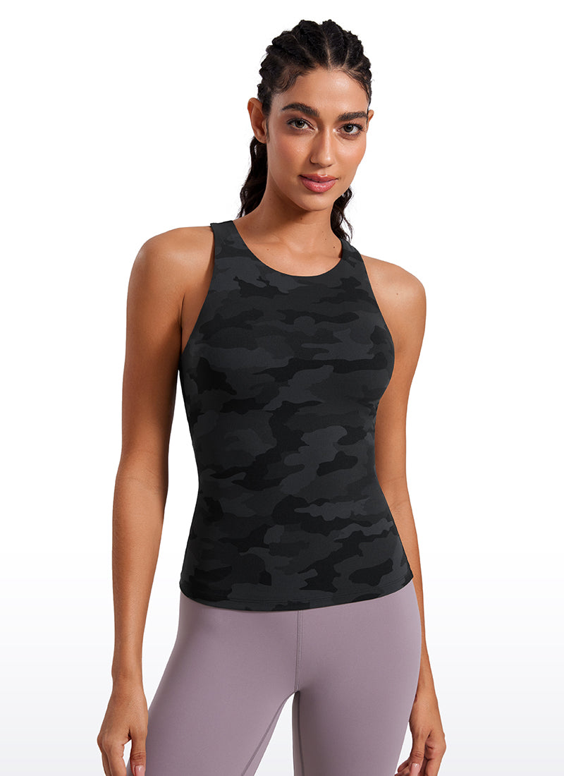 Butterluxe CRZ YOGA Kaos Tanpa Lengan Wanita dengan Bra Terintegrasi, Leher Tinggi, Punggung Racerback, Motif Kamuflase Abu-abu Gelap 2