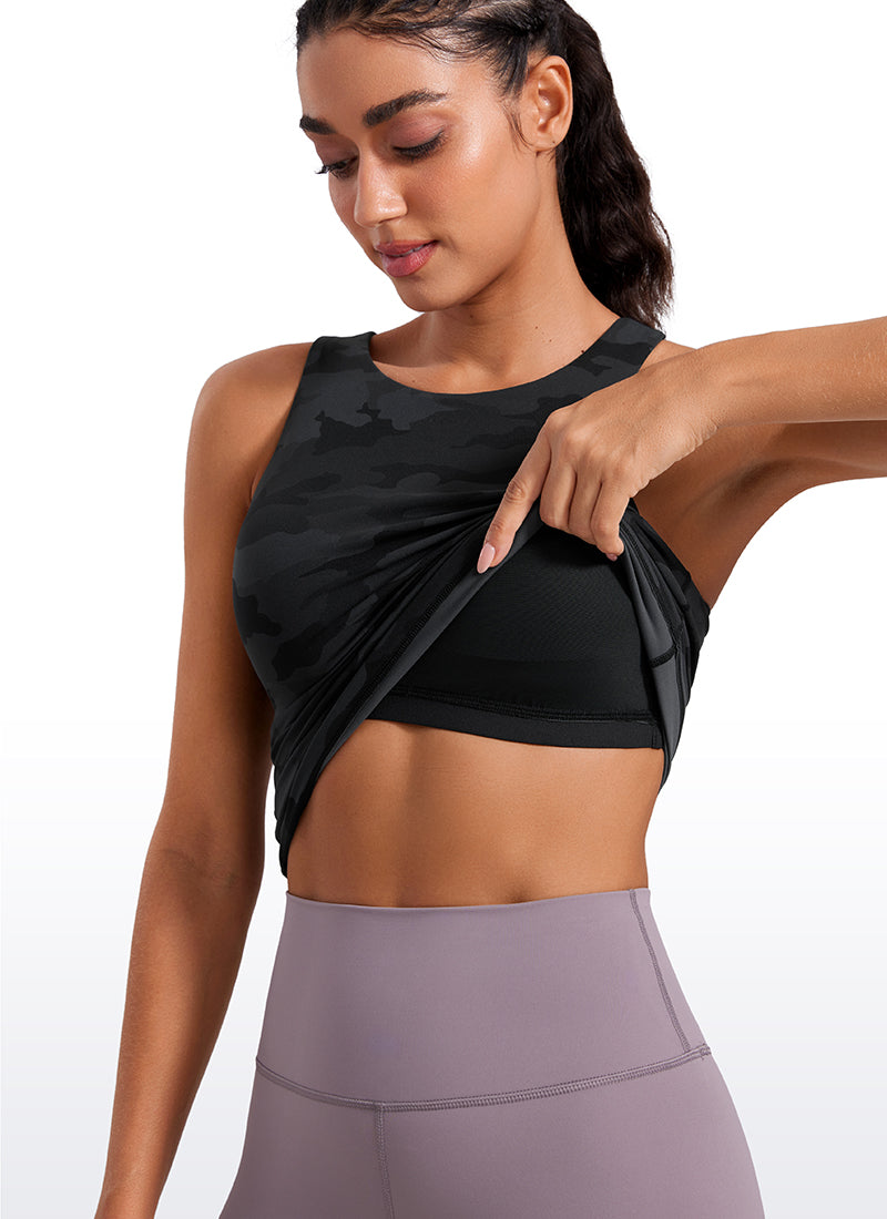 Butterluxe CRZ YOGA Kaos Tanpa Lengan Wanita dengan Bra Terintegrasi, Leher Tinggi, Punggung Racerback, Motif Kamuflase Abu-abu Gelap 2