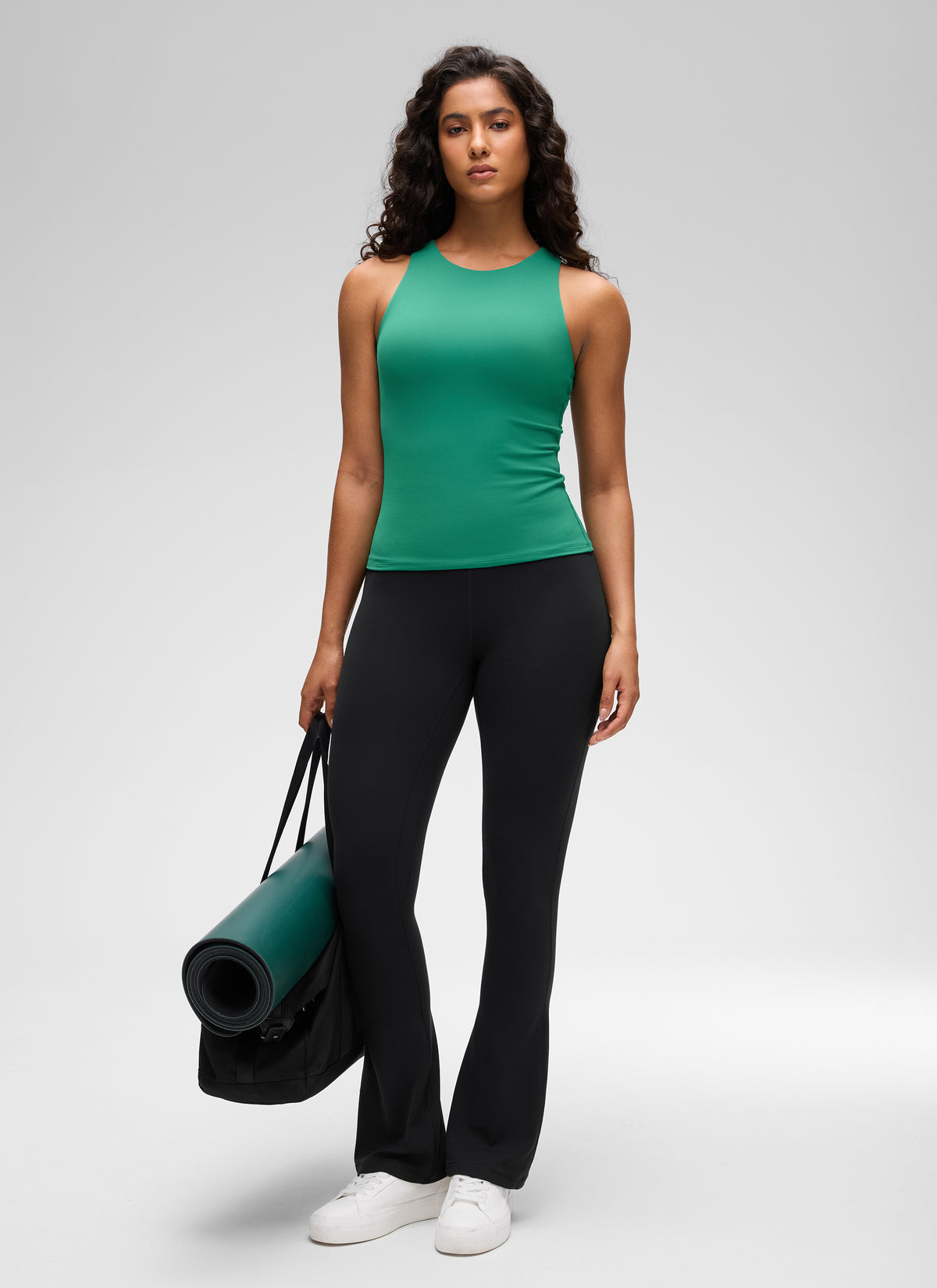 CRZ YOGA Women's Butterluxe Built-in Bra High Neck Racerback Tank Cascadia Green @model_info:Carol