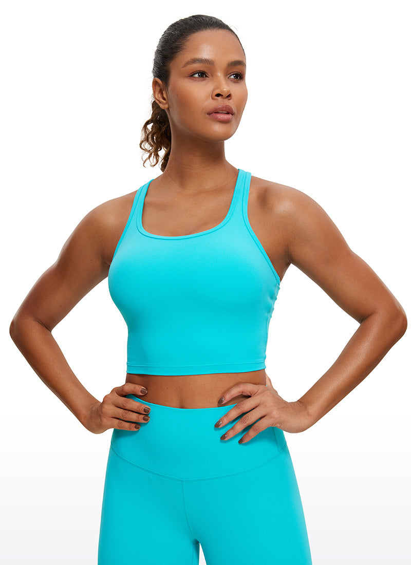 CRZ YOGA Bra Yoga Wanita dengan Dukungan Rendah, Model " Butterluxe ", Leher Bulat, Punggung Berbentuk Y, Warna Spectral Blue