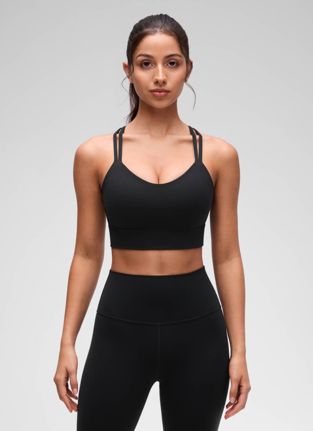 CRZ YOGA Wanita Butterluxe Bra Cawan Acuan Bertali Panjang Bersalut Silang Hitam
