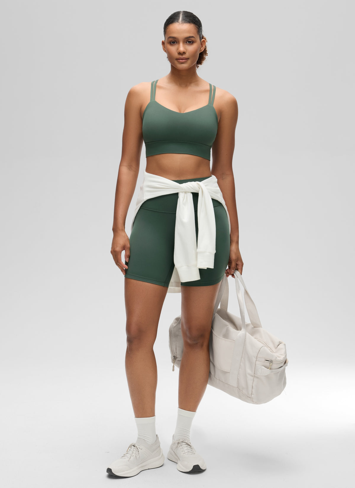 CRZ YOGA Womens Butterluxe Strappy Longline Criss Cross Molded Cup Bra Dark Forest Green @model_info:Barbara