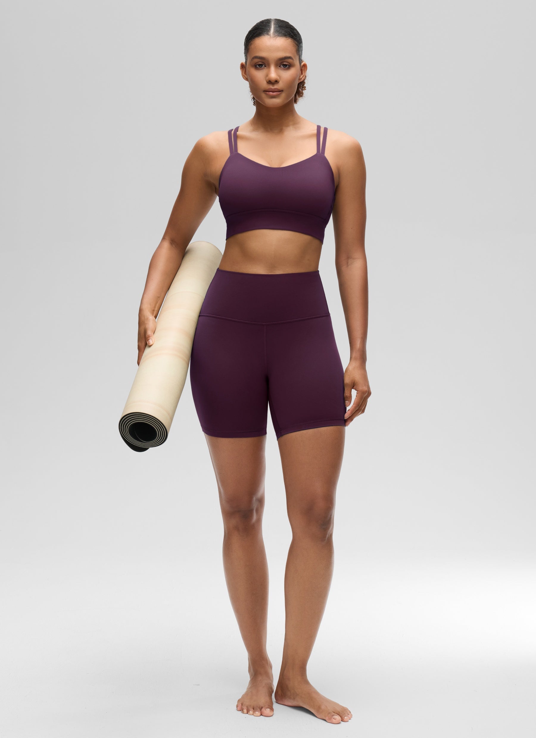 CRZ YOGA Wanita Butterluxe Bra Cawan Acuan Bertali Panjang Bersalut Silang Bertali Ungu Tua