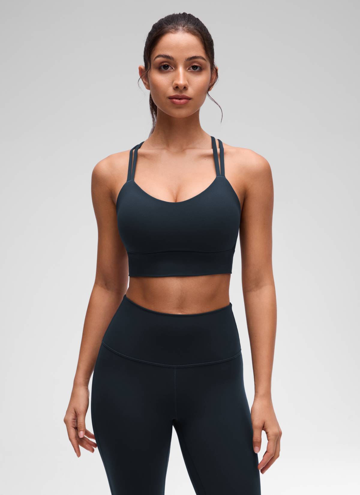 CRZ YOGA Wanita Butterluxe Bra Cawan Acuan Bertali Panjang Bersalut Silang Bertali Biru Sejati