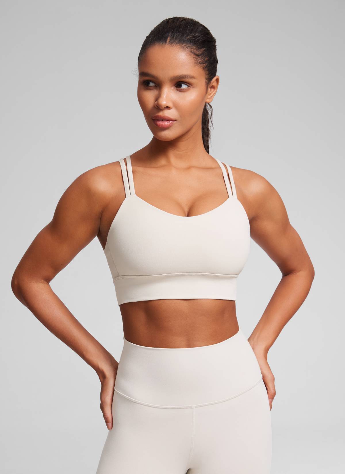 CRZ YOGA Wanita Butterluxe Bra Cawan Acuan Bertali Panjang Bersalut Silang Bertali Aprikot Putih