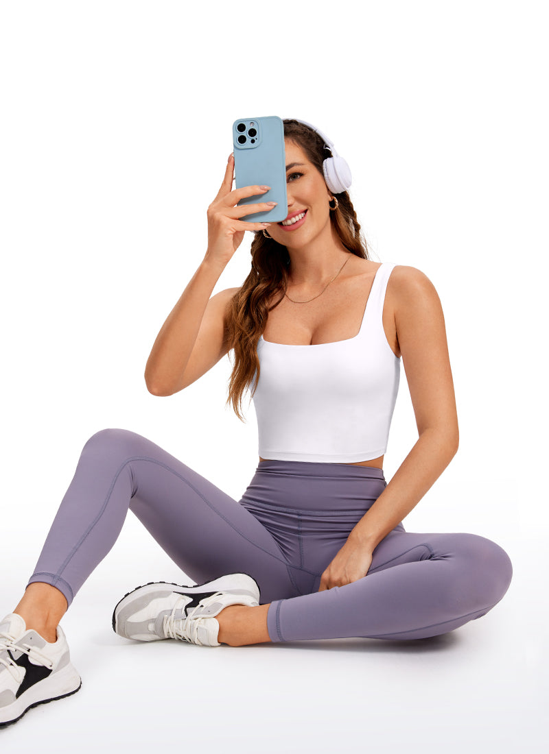 CRZ YOGA Women's Yoga Low Impact Butterluxe Longline Bra Square Neck White @model_info:D