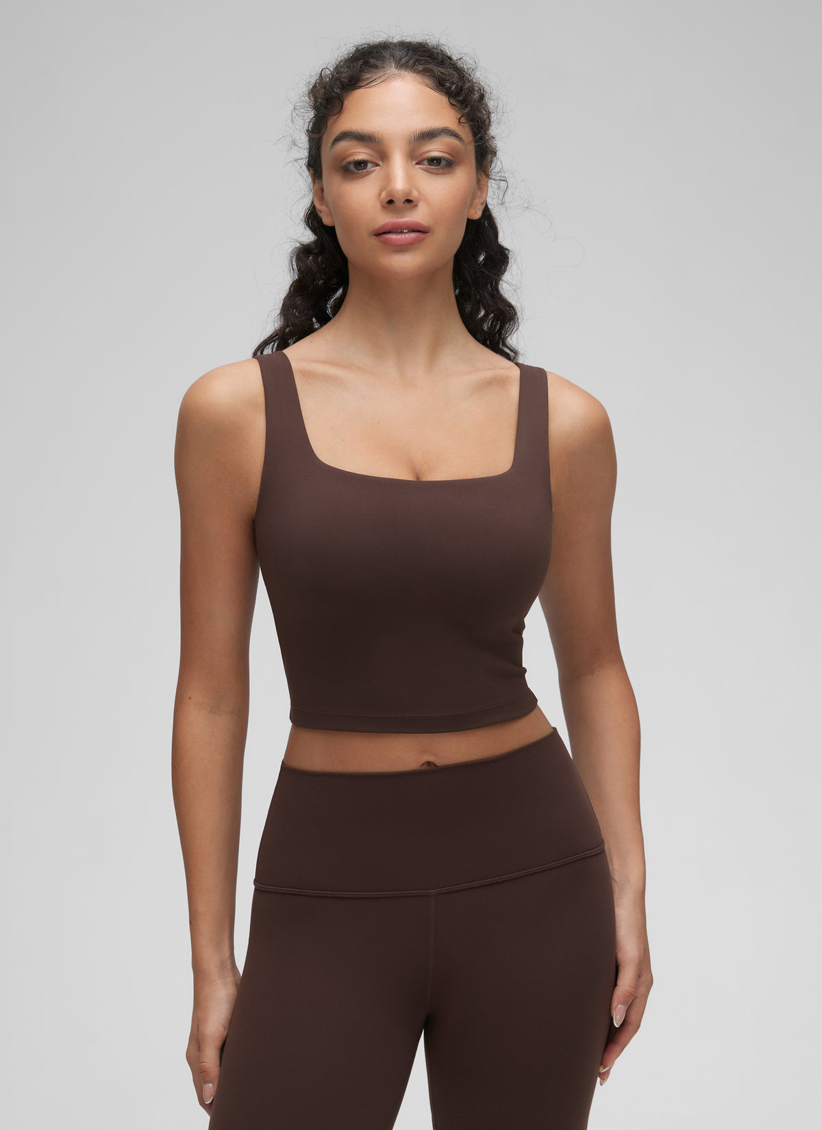 CRZ YOGA Women's Yoga Low Impact Butterluxe Longline Bra Square Neck Hot Fudge Brown @model_info:Anano