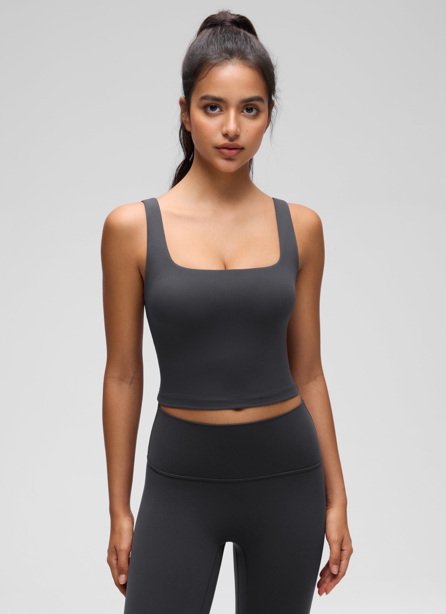 CRZ YOGA Women's Yoga Low Impact Butterluxe Longline Bra Square Neck Mysterious Grey @model_info:Liss