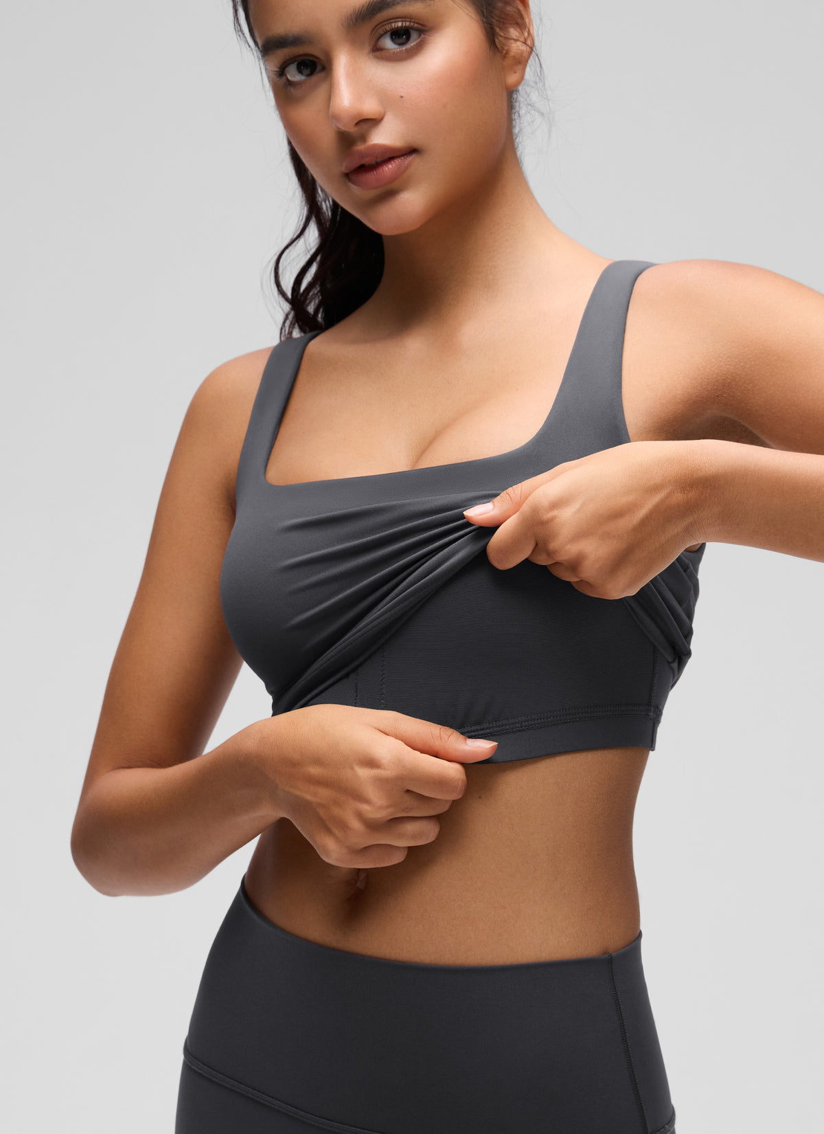 CRZ YOGA Women's Yoga Low Impact Butterluxe Longline Bra Square Neck Mysterious Grey @model_info:Liss