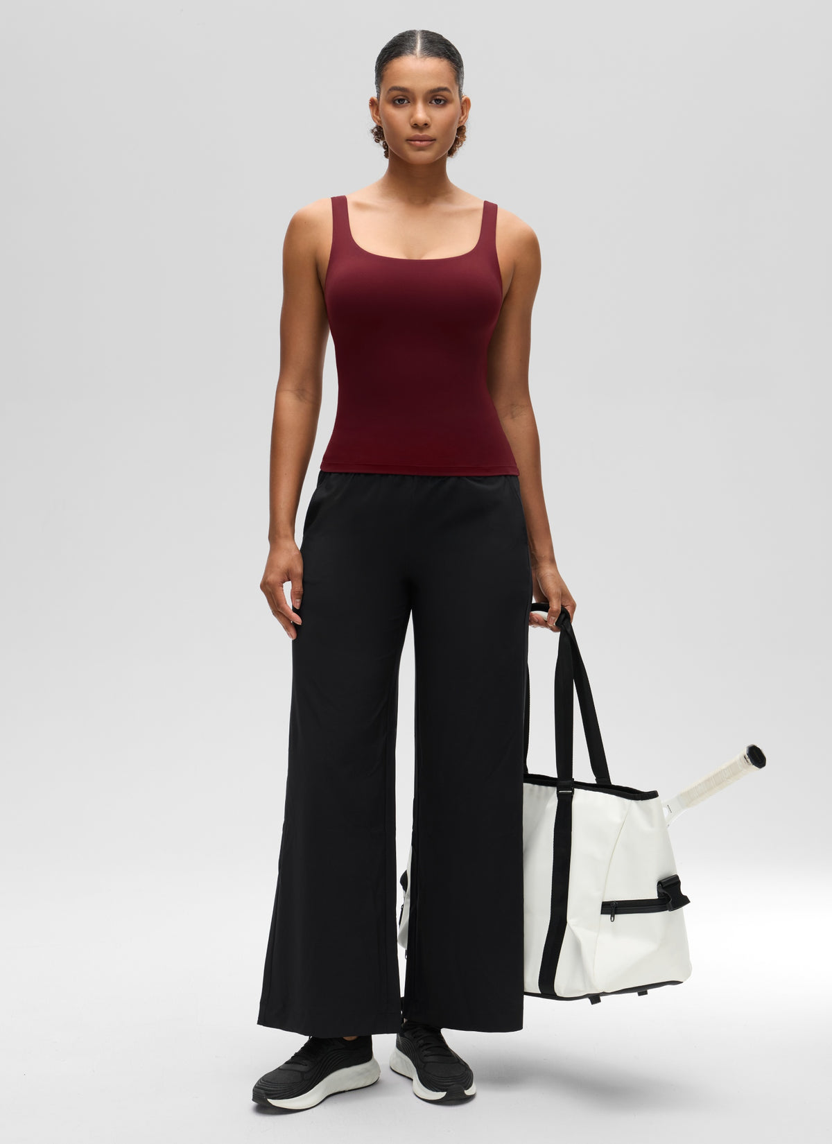 CRZ YOGA Women's SlimFit Tops Butterluxe Built-in Bra U Neck Tanks Red Merlot @model_info:Barbara