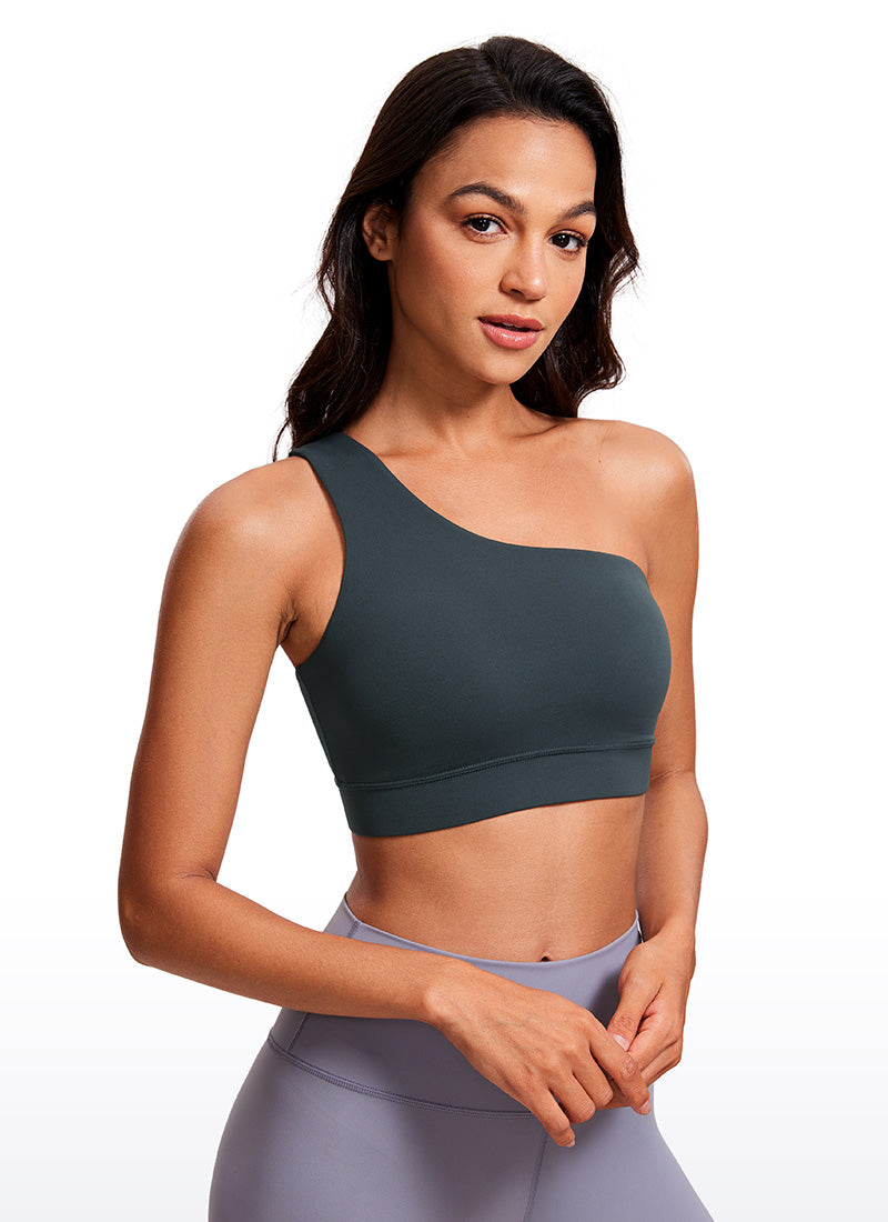 CRZ YOGA Butterluxe Bra Olahraga Wanita Satu Bahu Asimetris Berbantalan Warna Hijau Tua