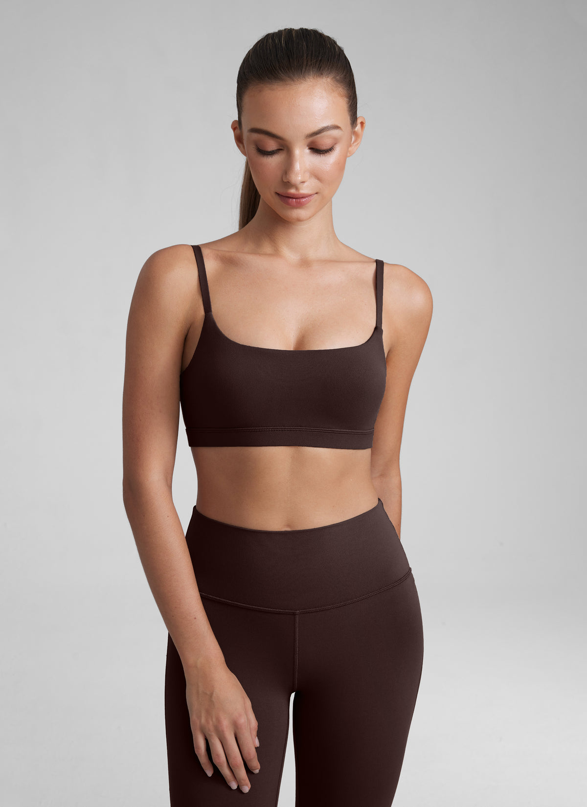 CRZ YOGA Womens Butterluxe Adjustable Spaghetti Strap Scoop Neck Bra Hot Fudge Brown @model_info:Kate
