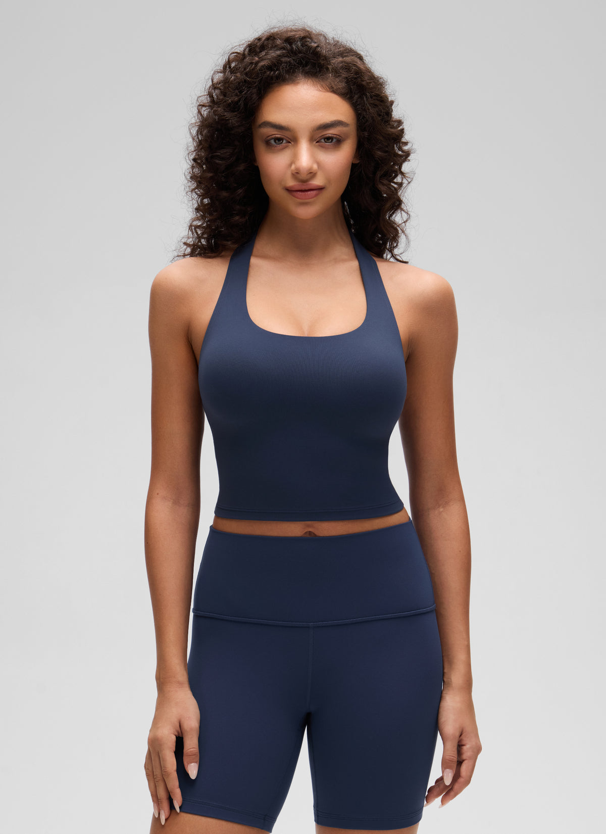 CRZ YOGA Womens Butterluxe Halter Longline Sports Bra Crop Tank Tops Club Blue @model_info:A
