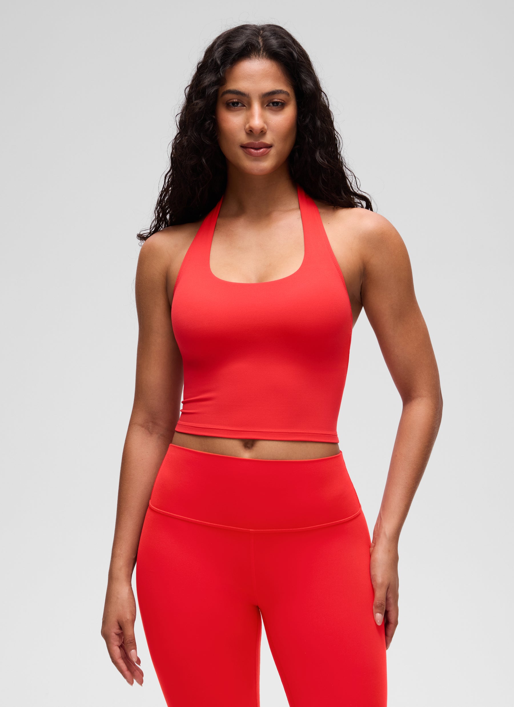 CRZ YOGA Womens Butterluxe Halter Longline Sports Bra Crop Tank Tops Deep Red @model_info:C