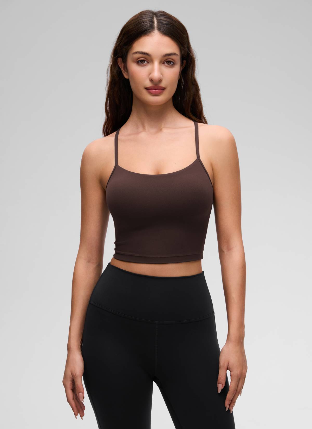 CRZ YOGA Áo lót thể thao nữ kiểu dáng dài, cổ chữ Y, lưng chữ Y, kiểu áo crop top ( Butterluxe ) màu nâu sô-cô-la nóng