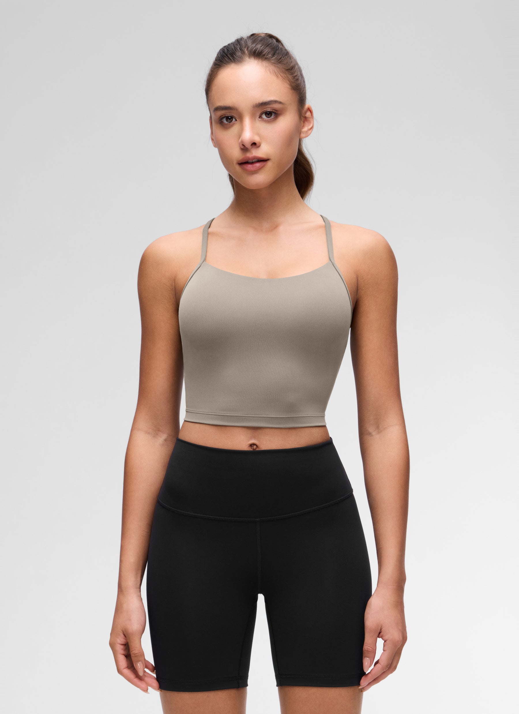 Butterluxe Áo lót thể thao CRZ YOGA dành cho nữ, kiểu dáng dài, cổ chữ Y, lưng chữ Y, kiểu áo crop top, màu xám tro ấm