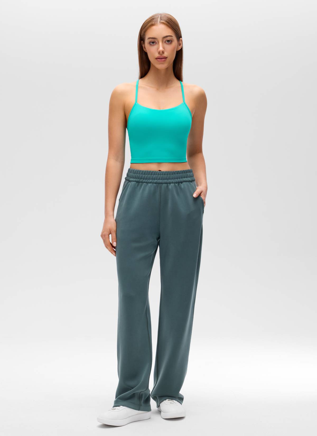Butterluxe CRZ YOGA Áo lót thể thao nữ kiểu dáng dài, cổ chữ Y, lưng chữ Y, kiểu áo crop top, họa tiết nhiệt đới, màu xanh teal