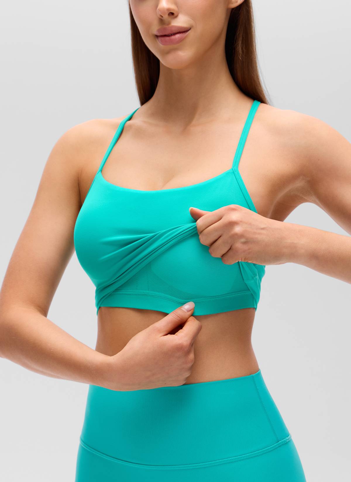 Butterluxe CRZ YOGA Áo lót thể thao nữ kiểu dáng dài, cổ chữ Y, lưng chữ Y, kiểu áo crop top, họa tiết nhiệt đới, màu xanh teal