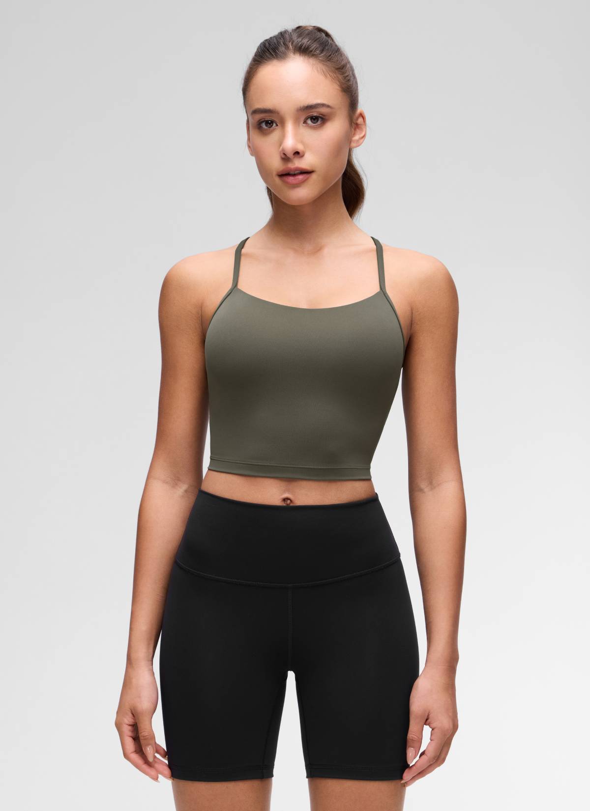 CRZ YOGA Áo lót thể thao nữ kiểu dáng dài, cổ chữ Y, tay ngắn, kiểu crop top, màu xanh quân đội nhạt Butterluxe 