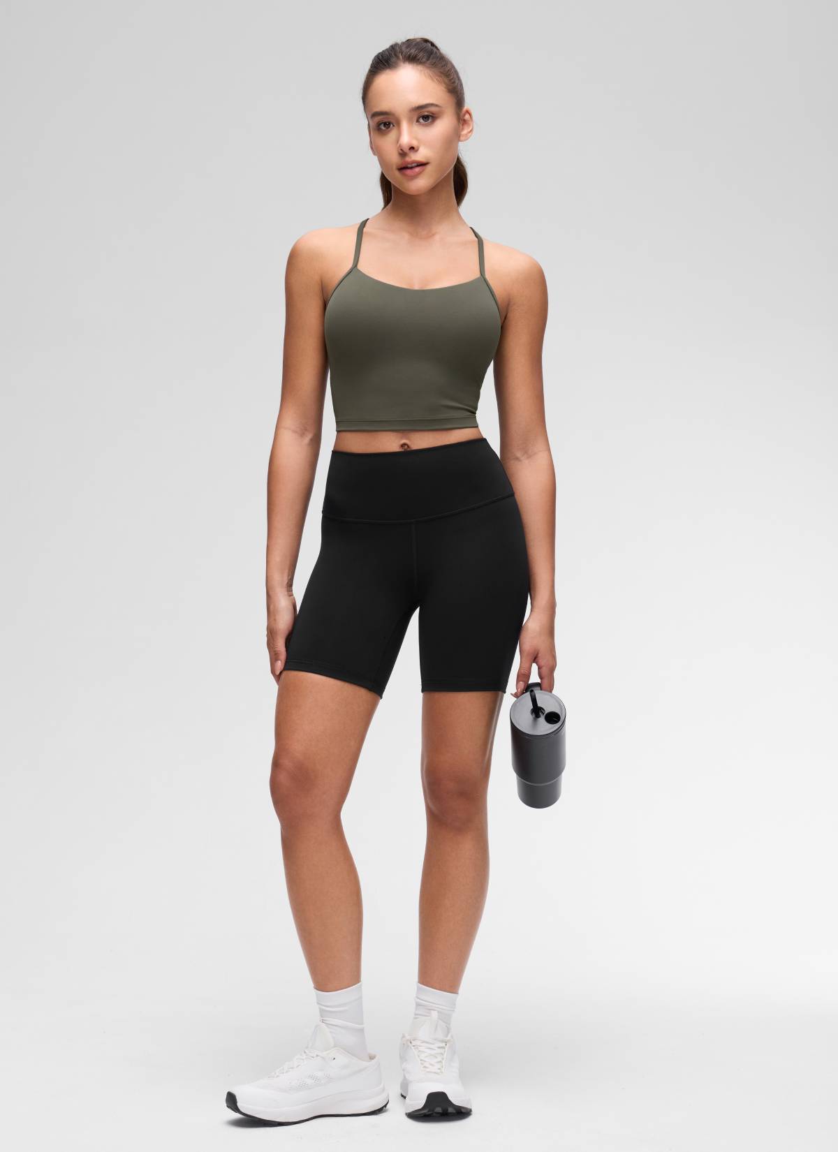 CRZ YOGA Áo lót thể thao nữ kiểu dáng dài, cổ chữ Y, tay ngắn, kiểu crop top, màu xanh quân đội nhạt Butterluxe 