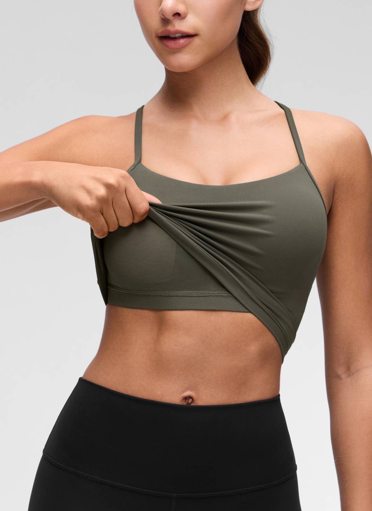 CRZ YOGA Áo lót thể thao nữ kiểu dáng dài, cổ chữ Y, tay ngắn, kiểu crop top, màu xanh quân đội nhạt Butterluxe 
