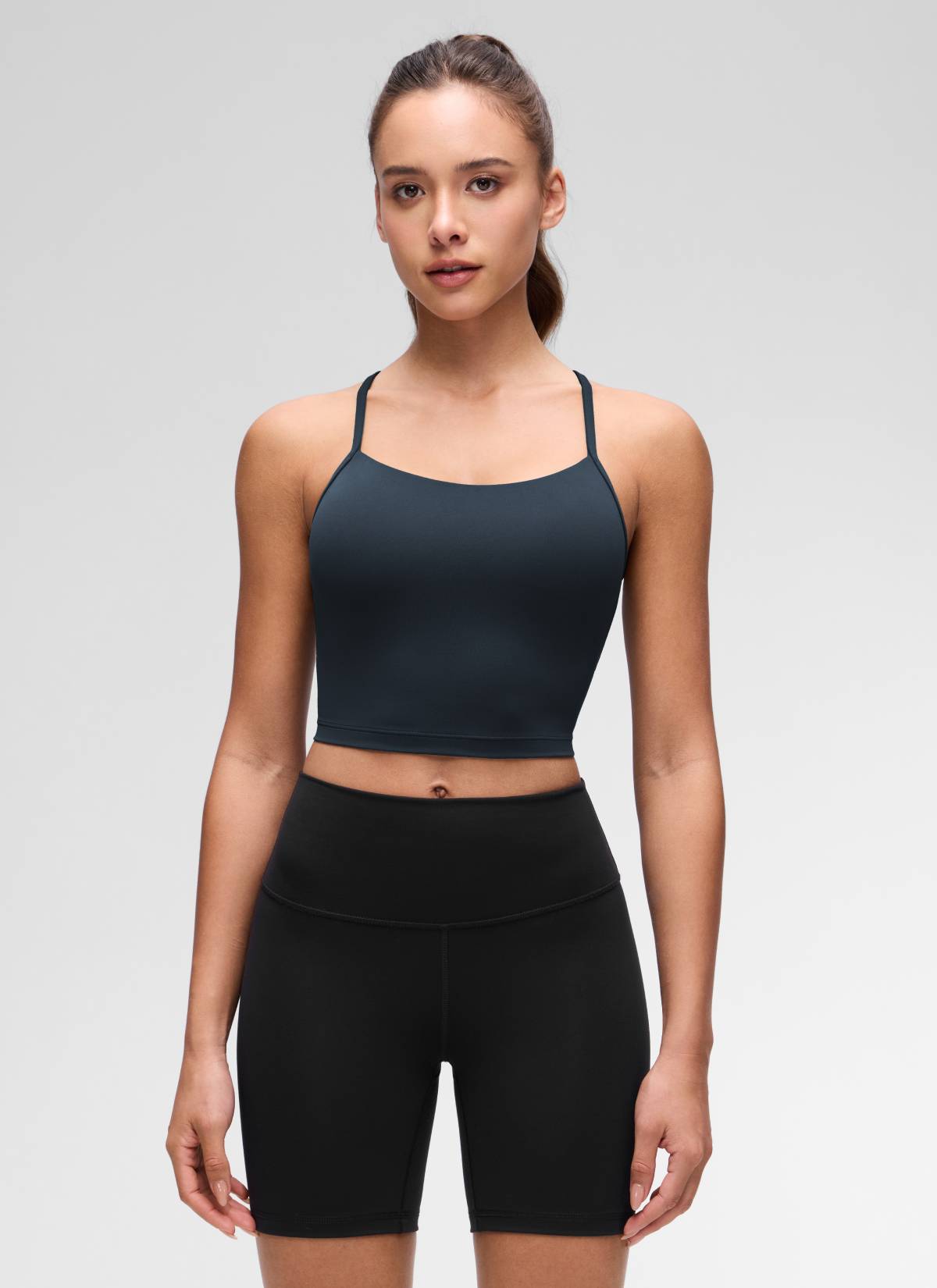 Butterluxe CRZ YOGA Áo lót thể thao nữ kiểu dáng dài, cổ chữ Y, tay ngắn, kiểu crop top, màu xanh navy đậm