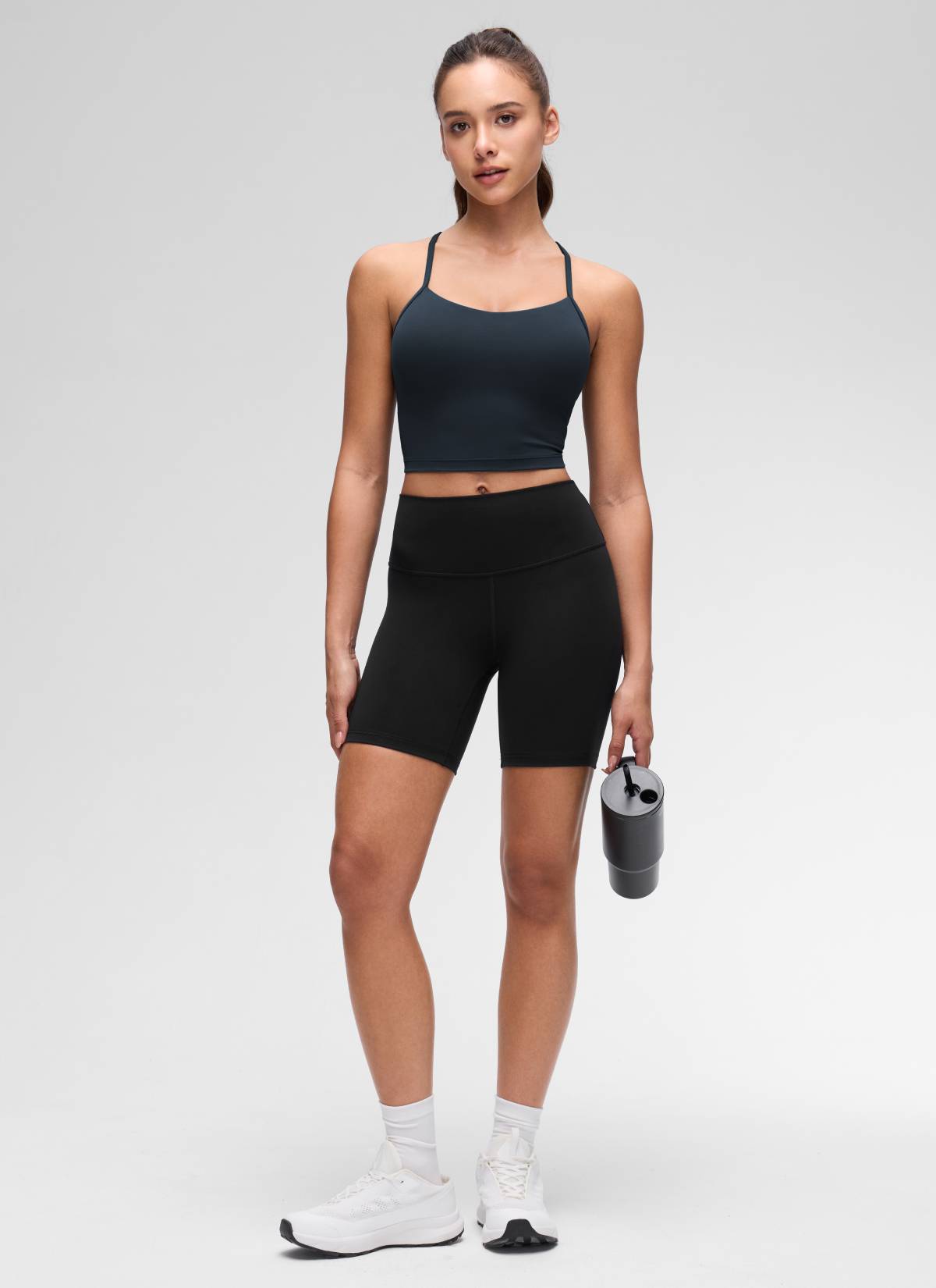 Butterluxe CRZ YOGA Áo lót thể thao nữ kiểu dáng dài, cổ chữ Y, tay ngắn, kiểu crop top, màu xanh navy đậm