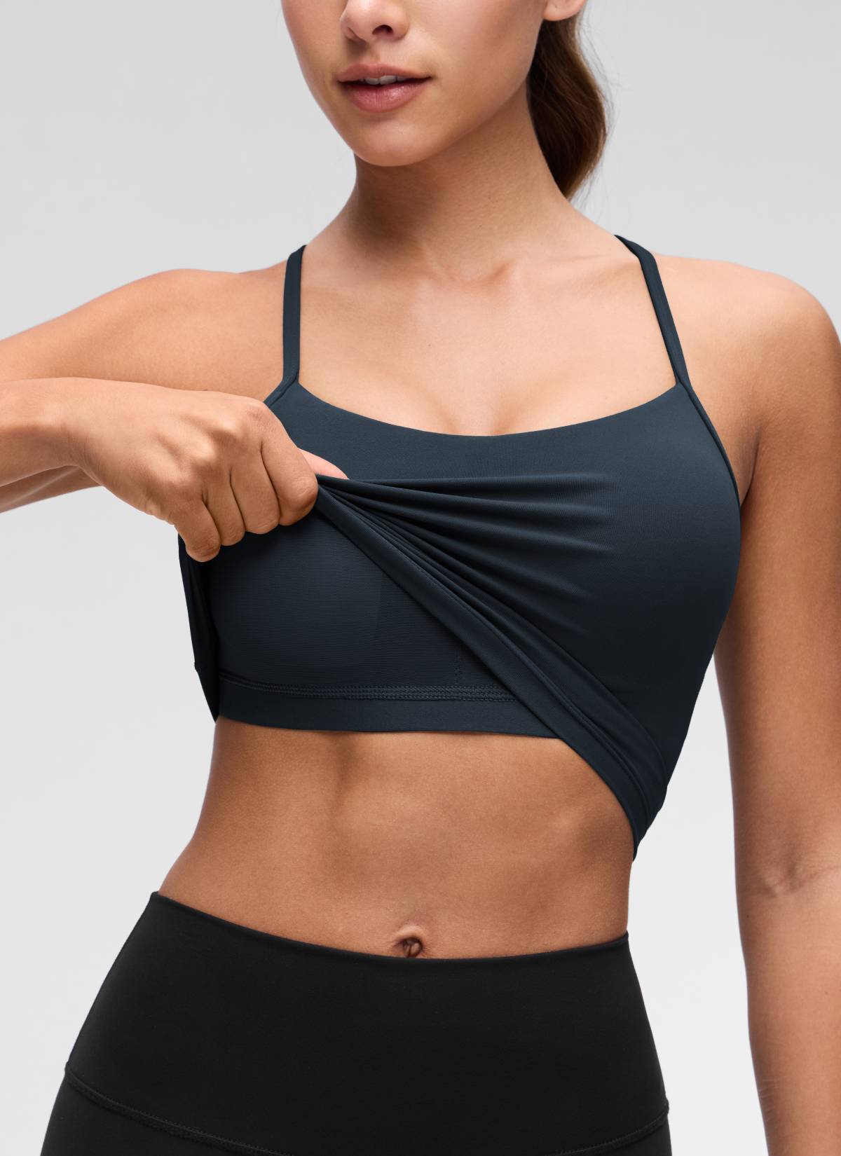 Butterluxe CRZ YOGA Áo lót thể thao nữ kiểu dáng dài, cổ chữ Y, tay ngắn, kiểu crop top, màu xanh navy đậm