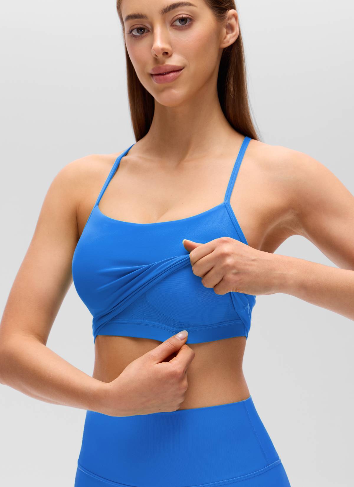 Butterluxe CRZ YOGA Áo lót thể thao nữ kiểu dáng dài, cổ chữ Y, tay ngắn, kiểu crop top, họa tiết lấp lánh màu xanh dương