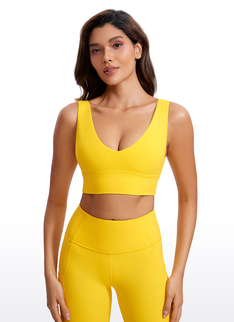 CRZ YOGA Bra Yoga Wanita dengan Dukungan Ringan, Model " Butterluxe ", Potongan Panjang, Punggung U, Leher V, Warna Kuning dengan Visibilitas Tinggi