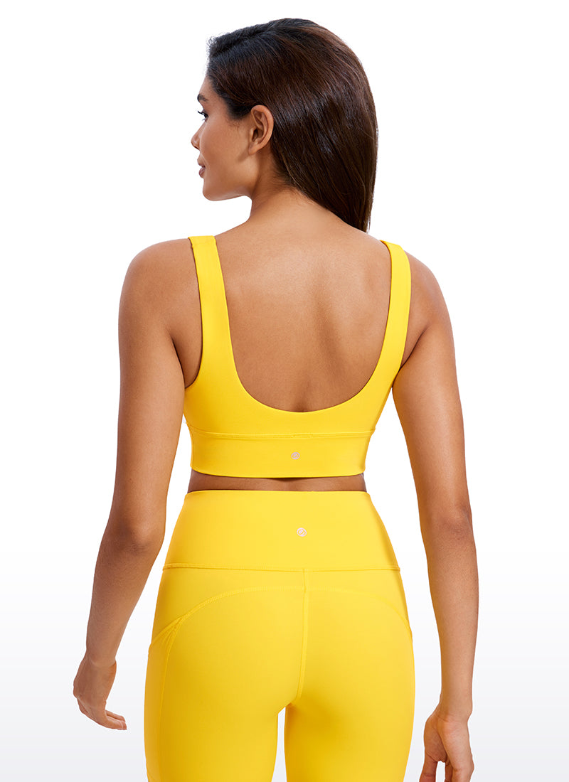 CRZ YOGA Bra Yoga Wanita dengan Dukungan Ringan, Model " Butterluxe ", Potongan Panjang, Punggung U, Leher V, Warna Kuning dengan Visibilitas Tinggi
