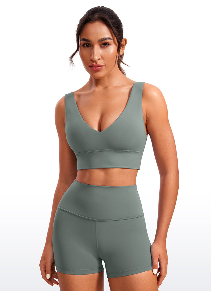 CRZ YOGA Bra Yoga Wanita dengan Dukungan Ringan, Model " Butterluxe ", Potongan Panjang, Punggung U, Leher V, Warna Abu-abu Sage