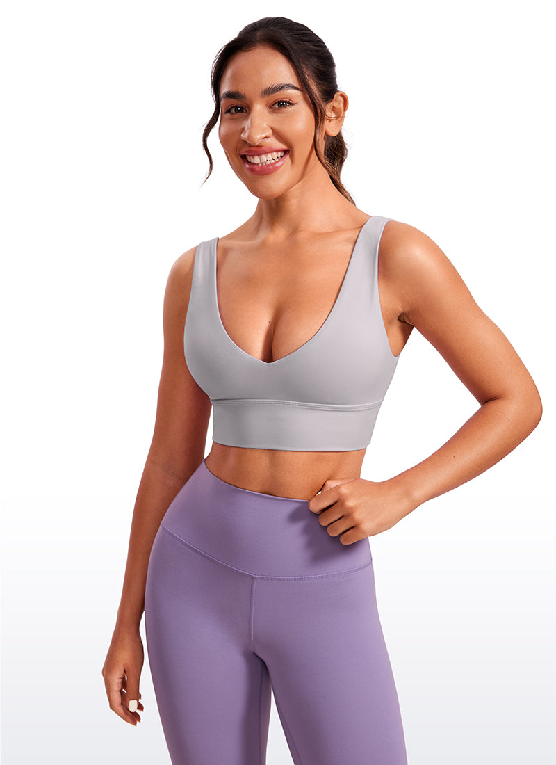 CRZ YOGA Bra Yoga Wanita dengan Dukungan Ringan, Model " Butterluxe ", Potongan Panjang, Punggung U, Leher V, Warna Gull Gray
