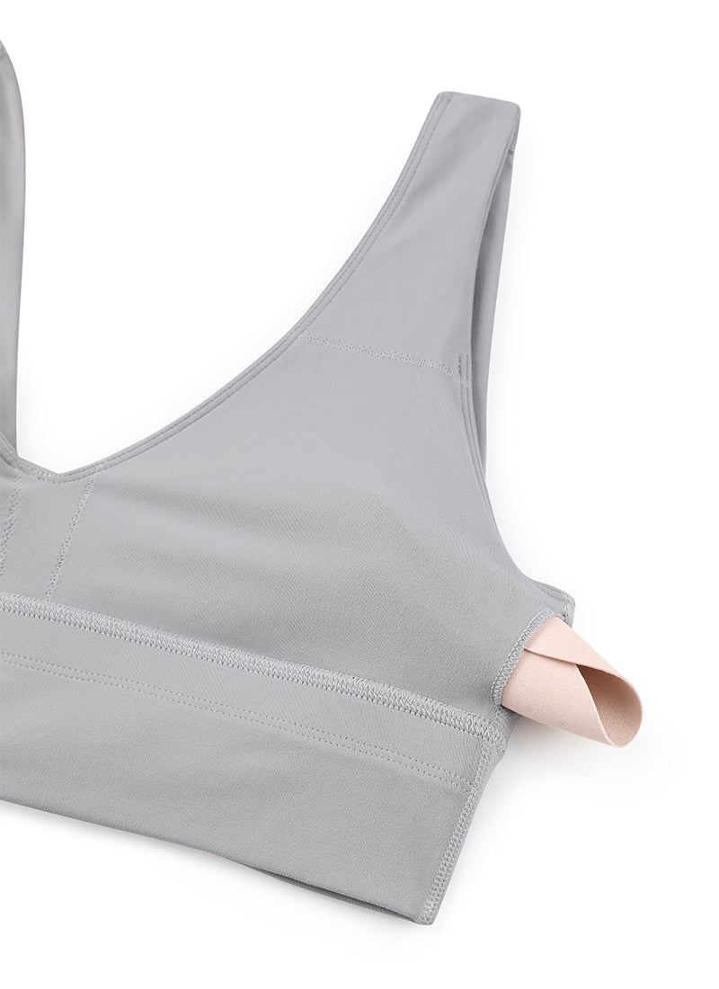 CRZ YOGA Bra Yoga Wanita dengan Dukungan Ringan, Model " Butterluxe ", Potongan Panjang, Punggung U, Leher V, Warna Gull Gray