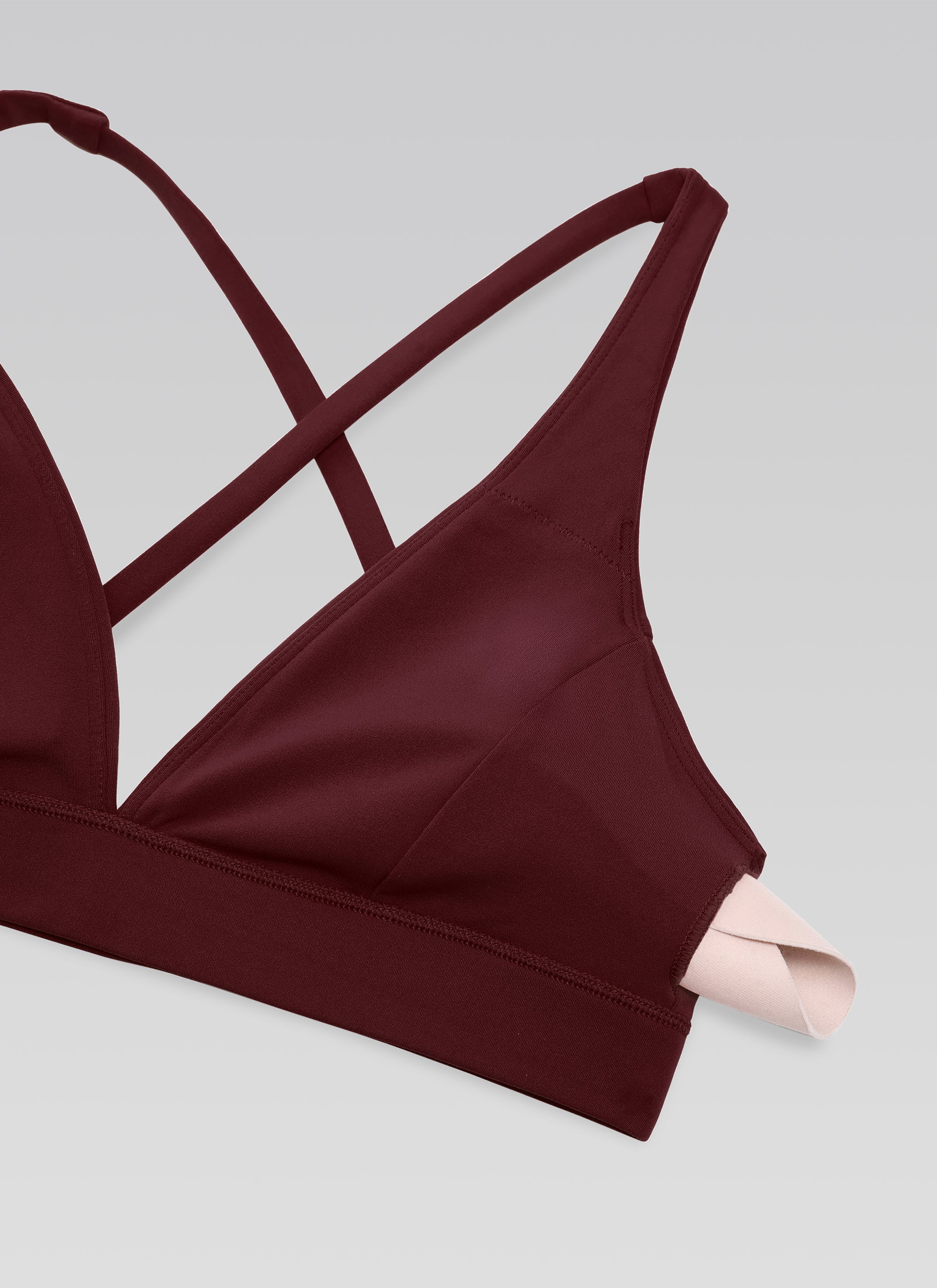 CRZ YOGA Bra Yoga Wanita dengan Dukungan Ringan, Model " Butterluxe ", Punggung Berpita, Leher V, Warna Merah Merlot