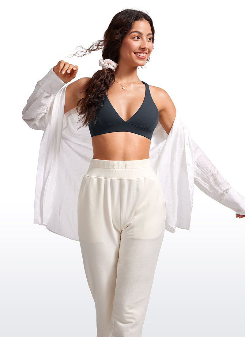 CRZ YOGA Bra Yoga Wanita dengan Dukungan Ringan, Model " Butterluxe ", Punggung Ber tali, Leher V, Warna True Navy