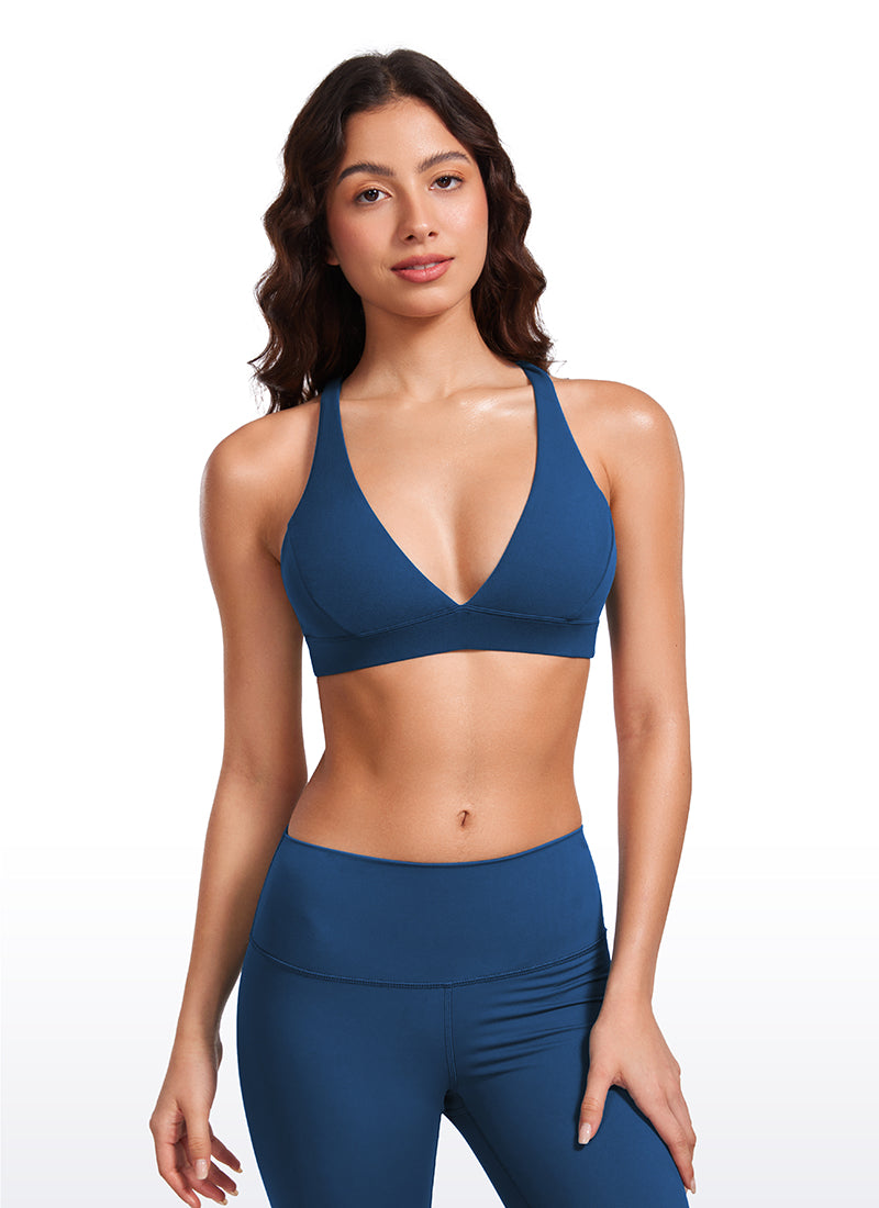 CRZ YOGA Bra Yoga Wanita dengan Dukungan Ringan, Model " Butterluxe ", Punggung Ber tali, Leher V, Warna Biru Laut Prancis