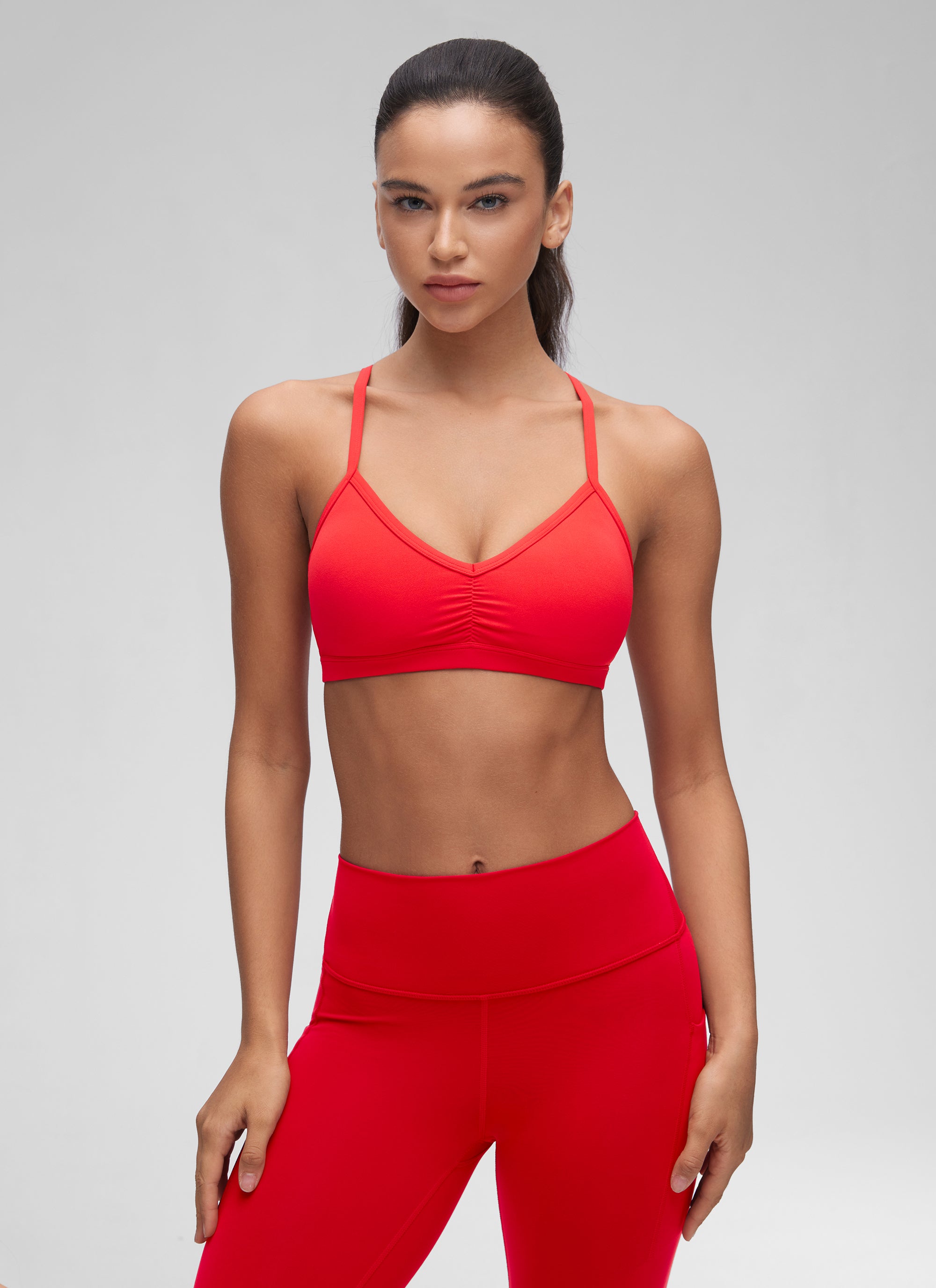 CRZ YOGA Butterluxe Bra Sukan Yoga Berlapik Leher V Wanita Berlubang Merah Tua