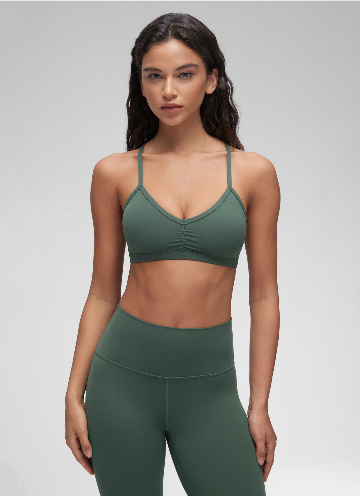 CRZ YOGA Butterluxe Womens Ruched V Neck Yoga Padded Sports Bra Dark Forest Green @model_info:Winma