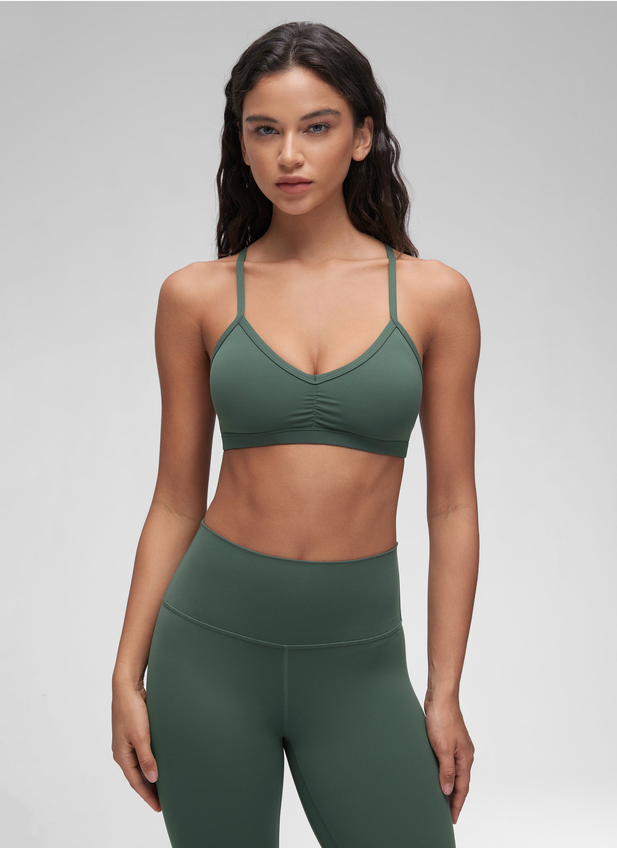 CRZ YOGA Butterluxe Bra Sukan Yoga Berlapik Leher V Wanita Hijau Hutan Gelap