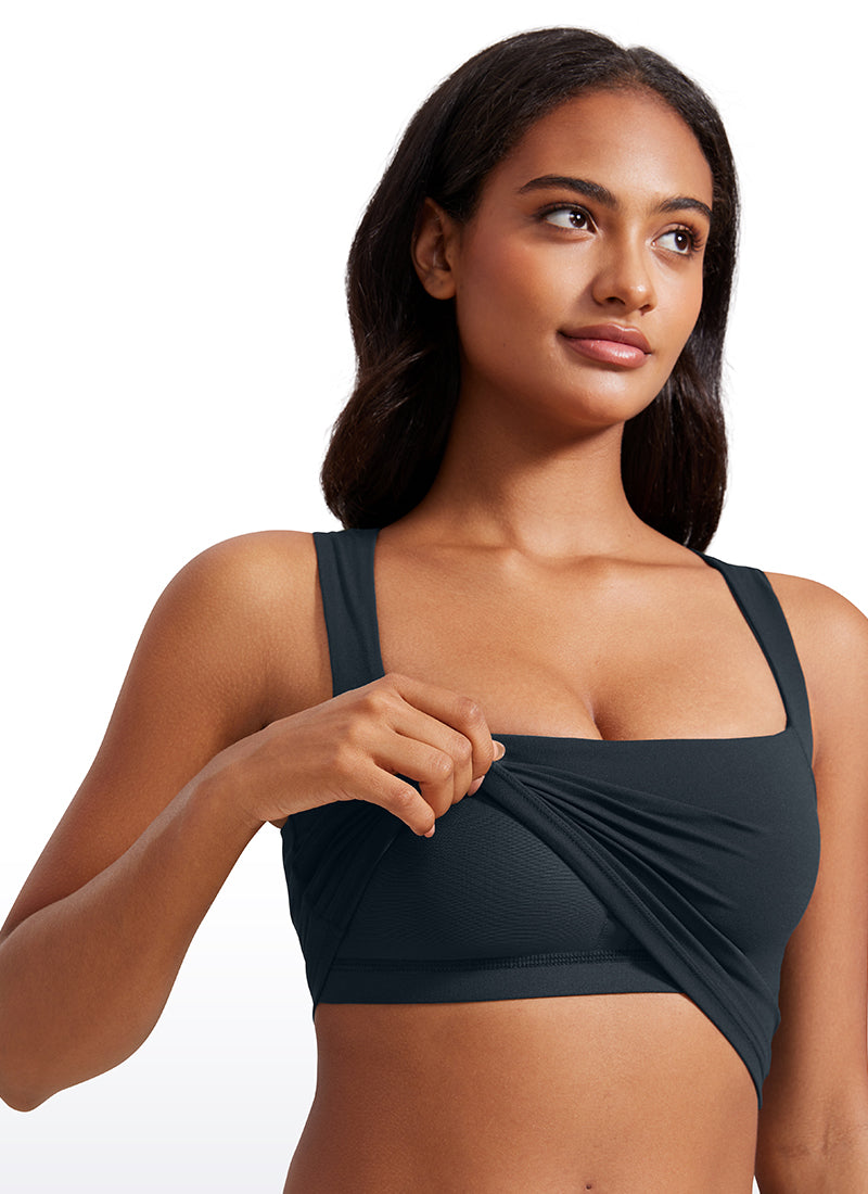 CRZ YOGA Butterluxe विमेंस लॉन्गलाइन स्क्वायर नेक स्पोर्ट बिल्ट इन ब्रा टैंक ट्रू नेवी