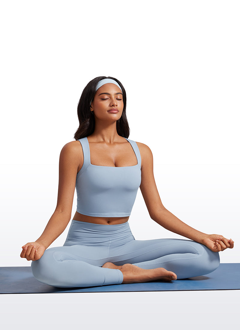 CRZ YOGA Butterluxe विमेंस लॉन्गलाइन स्क्वायर नेक स्पोर्ट बिल्ट इन ब्रा टैंक कैम्ब्रीक ब्लू