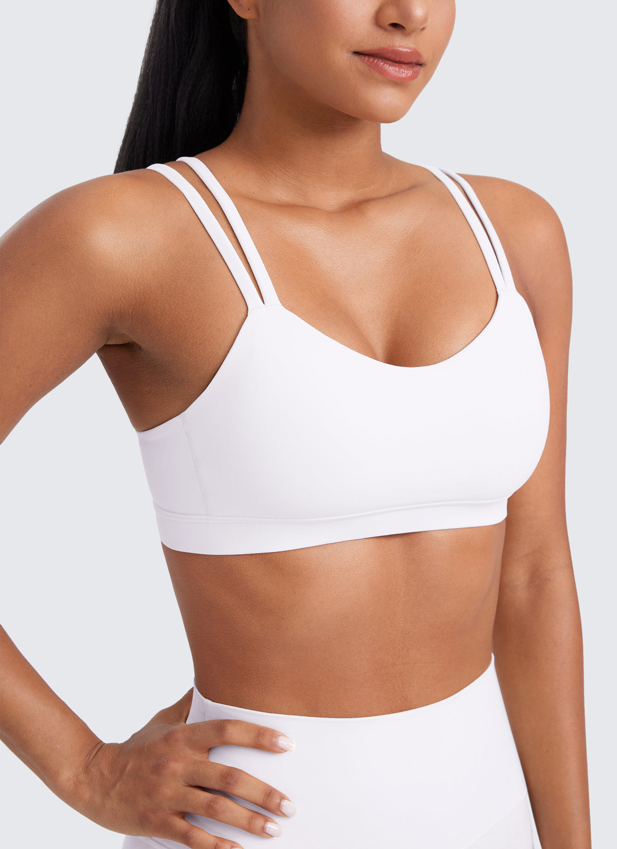 CRZ YOGA Women's Yoga Molded Cup Butterluxe Strappy Bra V Neck White @model_info:Amanda